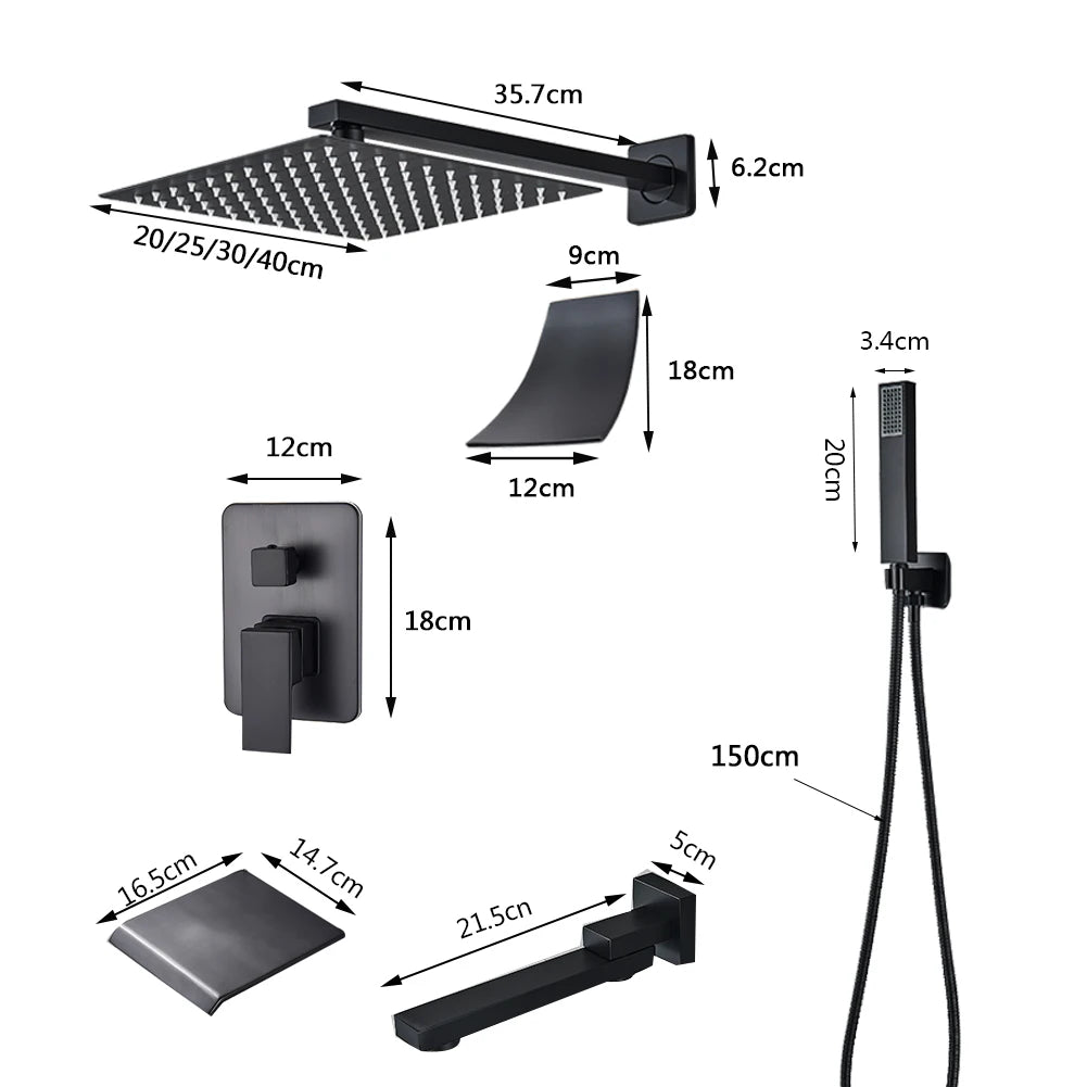 Black Shower Faucets Wall Mounted Rainfall Shower System