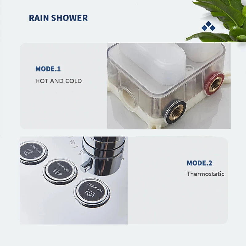 Bathroom Wall Mount Thermostatic Rainfall Shower Faucet Chrome
