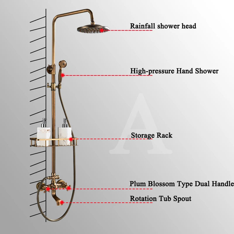 Antique Brass Bathroom Shower Faucets Rainfall Shower Head