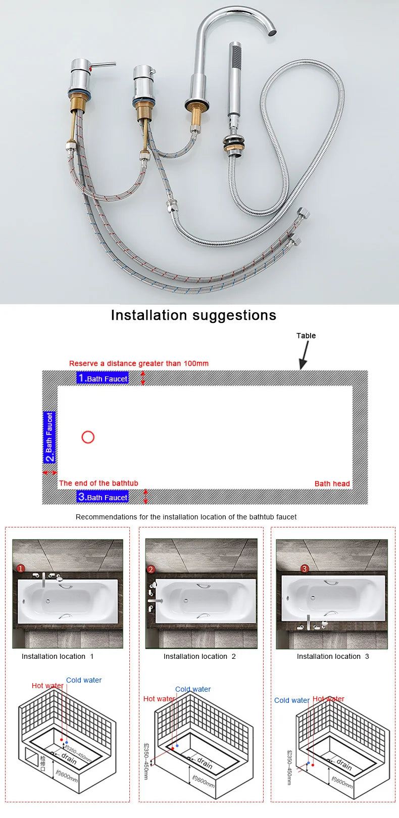 4pcs Brass Bathroom Bathtub Faucet Bath Faucet Deck