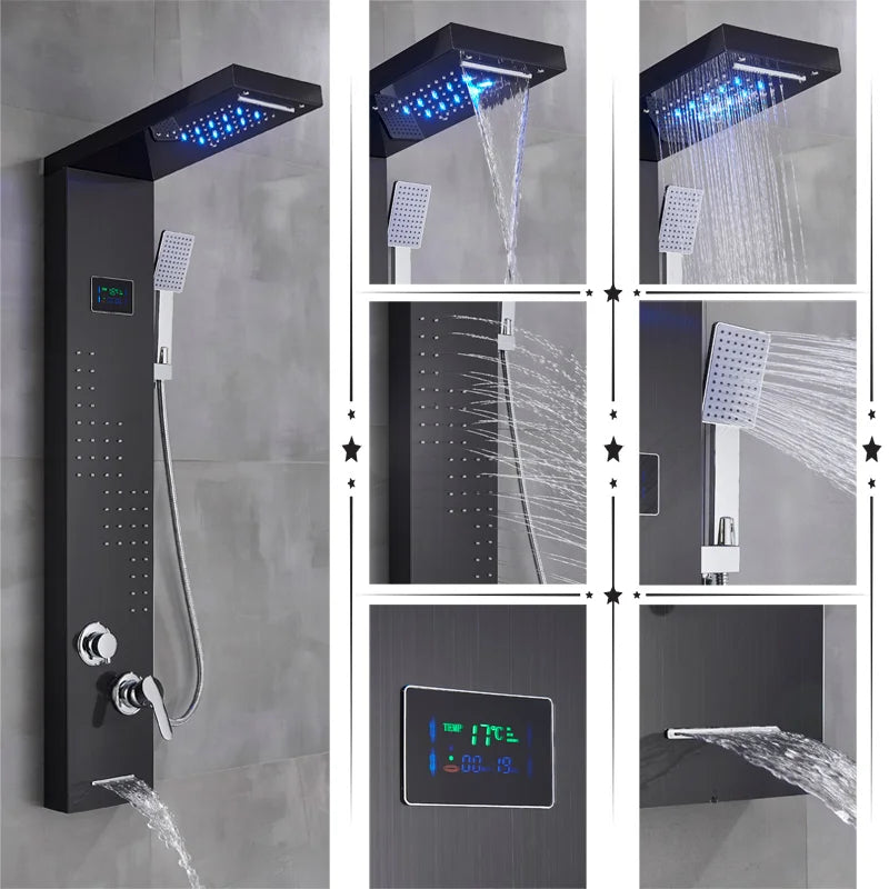 Black/Brushed Bathroom Shower Faucet Led Rainfall Head Shower
