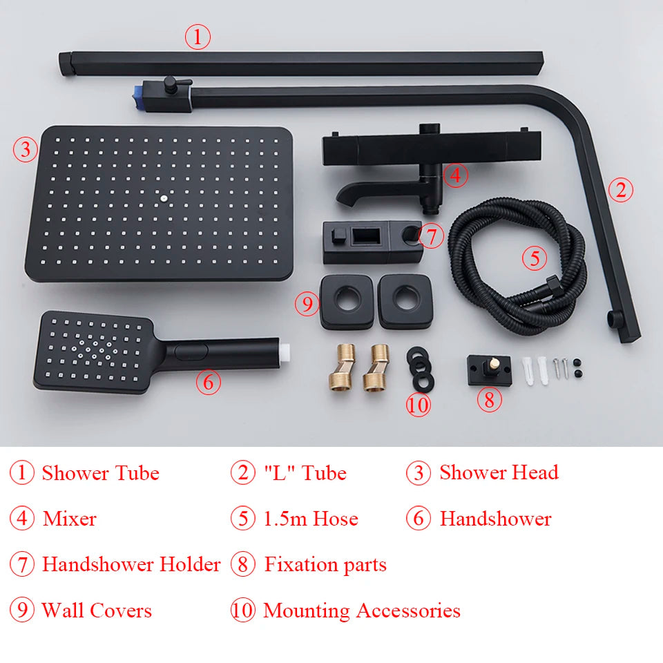 Bathroom Thermostatic Shower Faucet Rainfall Head Wall Mounted