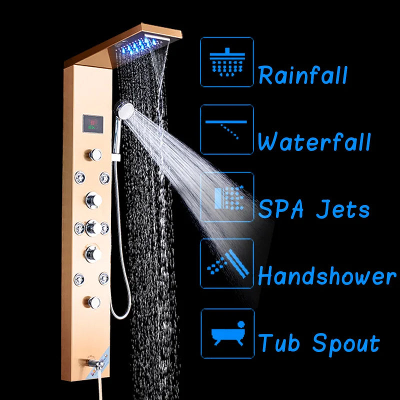Led Shower Panel Waterfall Rain Temperature Digital Display