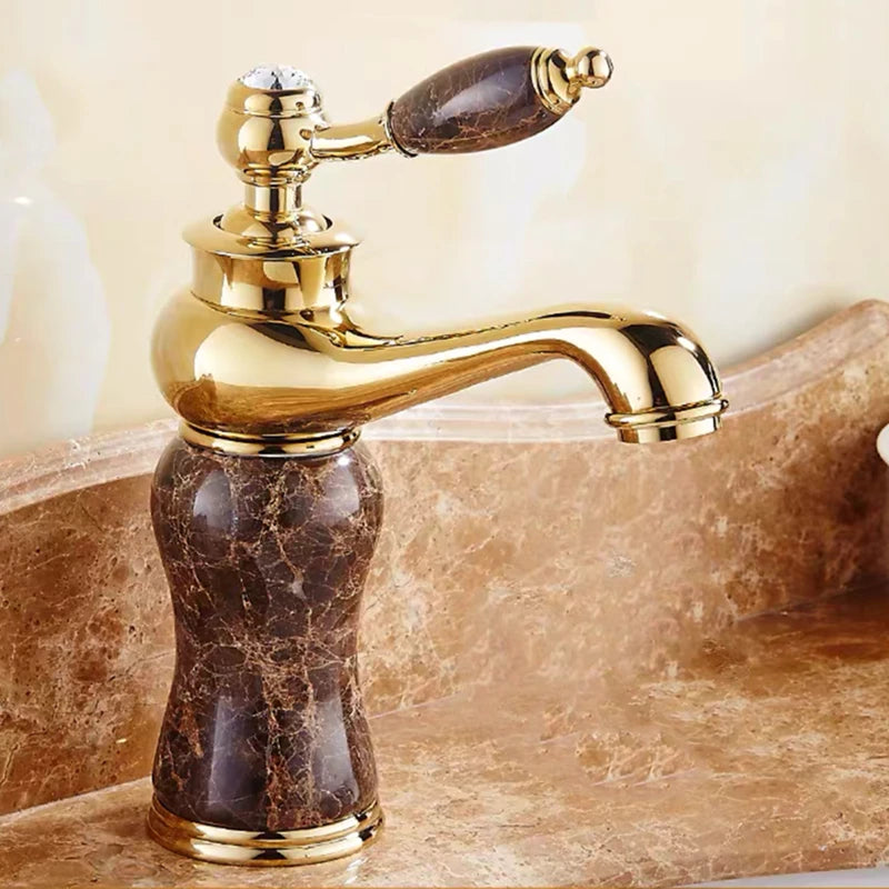 Luxury Golden Handle Bathroom Sink Faucet Jade Marble