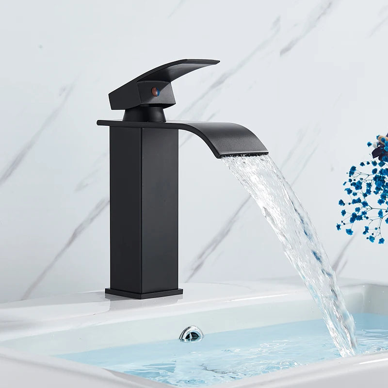 Handle Waterfall Matte Black Bathroom Basin Faucet Waterfall