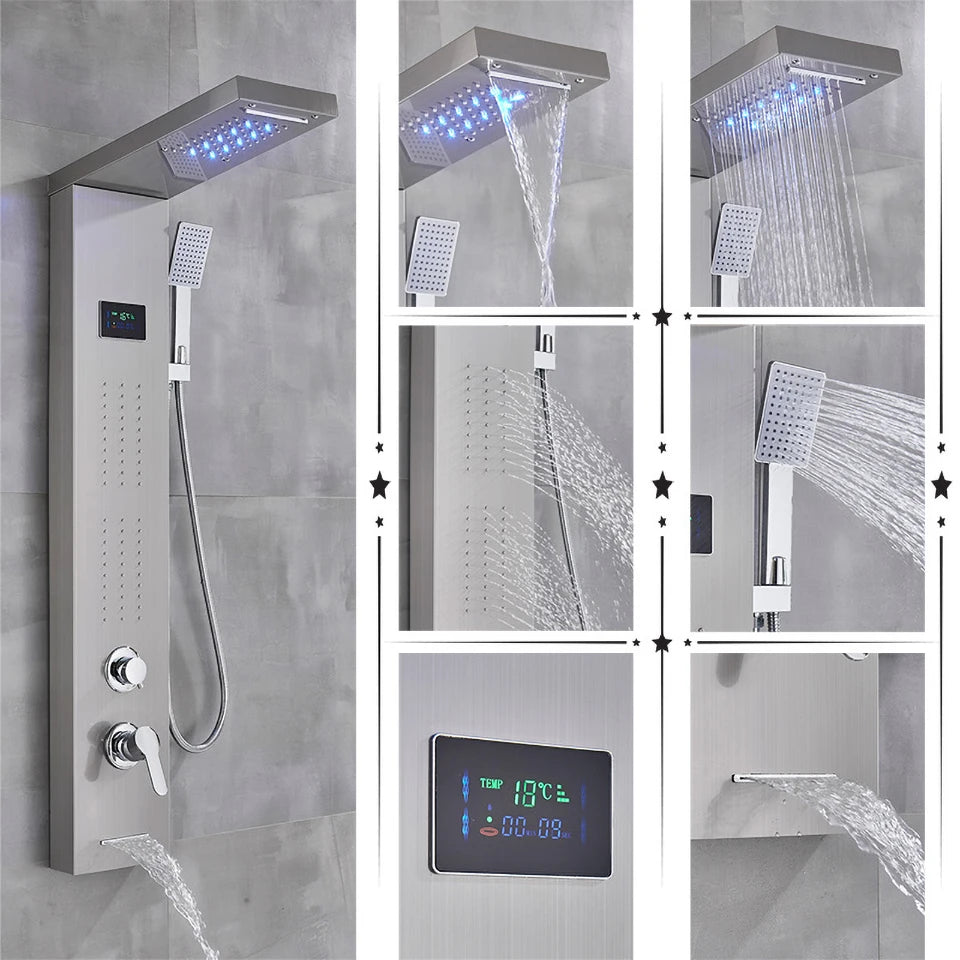 Black/Brushed Bathroom Shower Faucet Led Rainfall Head Shower