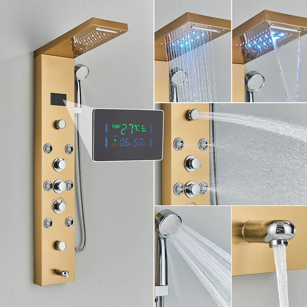 Golden Black Shower Panel Wall Rain Waterfall Shower