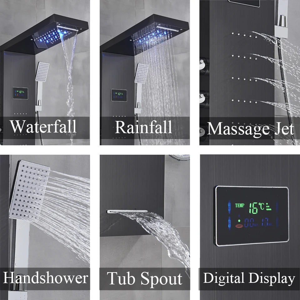 Black/Brushed Bathroom Shower Faucet Led Rainfall Head Shower