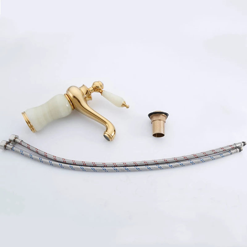 Luxury Golden Handle Bathroom Sink Faucet Jade Marble