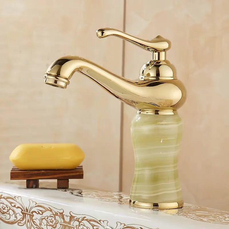 Luxury Golden Handle Bathroom Sink Faucet Jade Marble