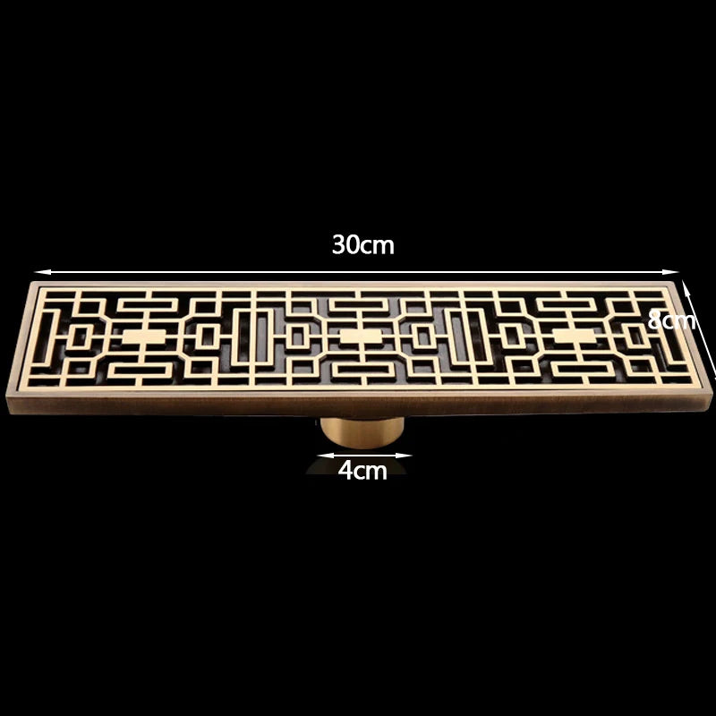30cmx8cm Rectangle Brass Antique Brushed Carvd Drain Bathroom