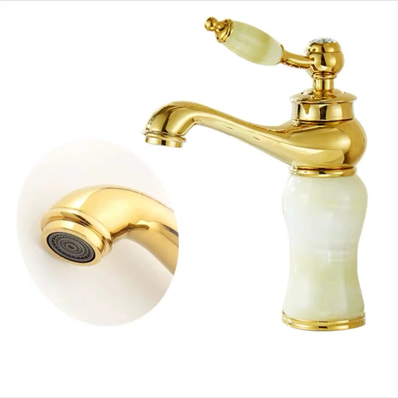 Luxury Golden Handle Bathroom Sink Faucet Jade Marble
