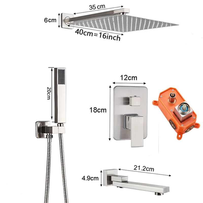 Brushed Nickel Bath Concealed Rainfall Shower Faucets Wall