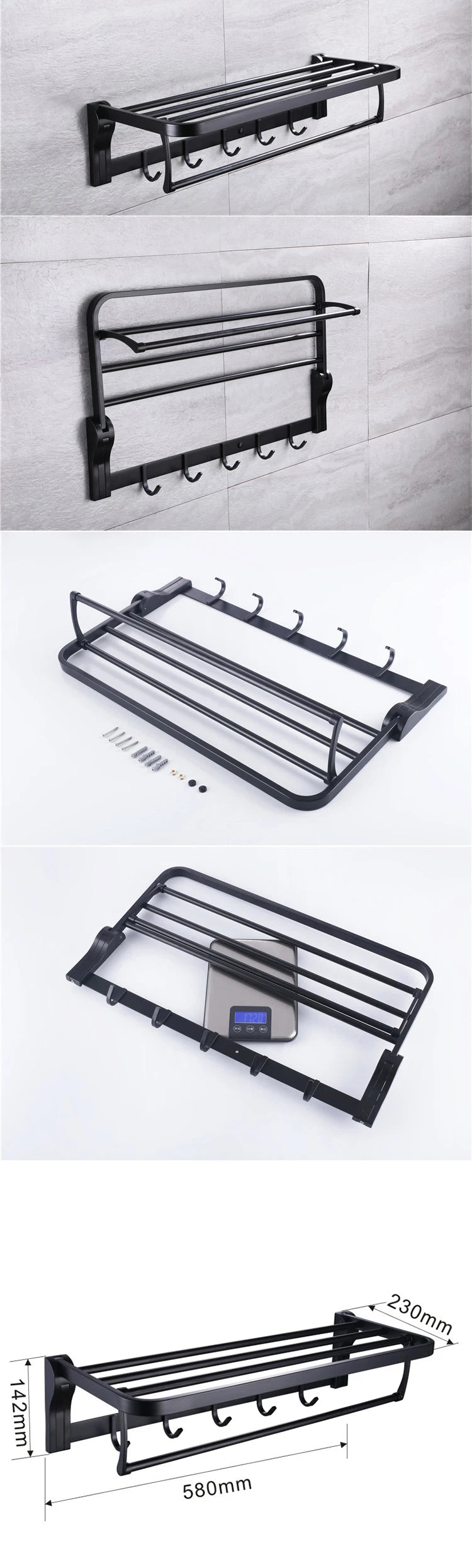 Taicute Towel Rack Shelf Hooks Movable Bar Sus