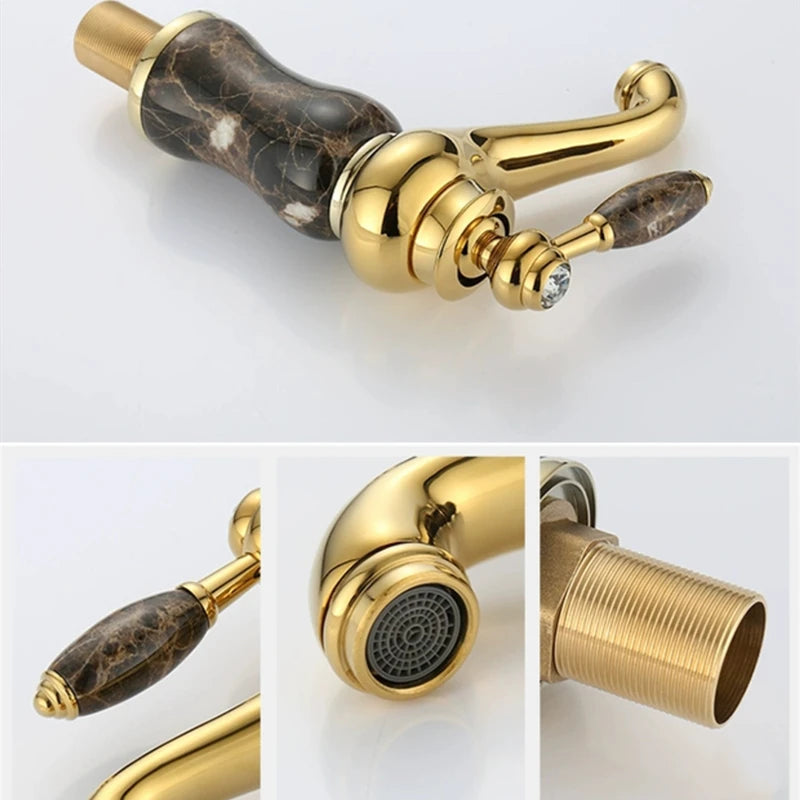 Luxury Golden Handle Bathroom Sink Faucet Jade Marble