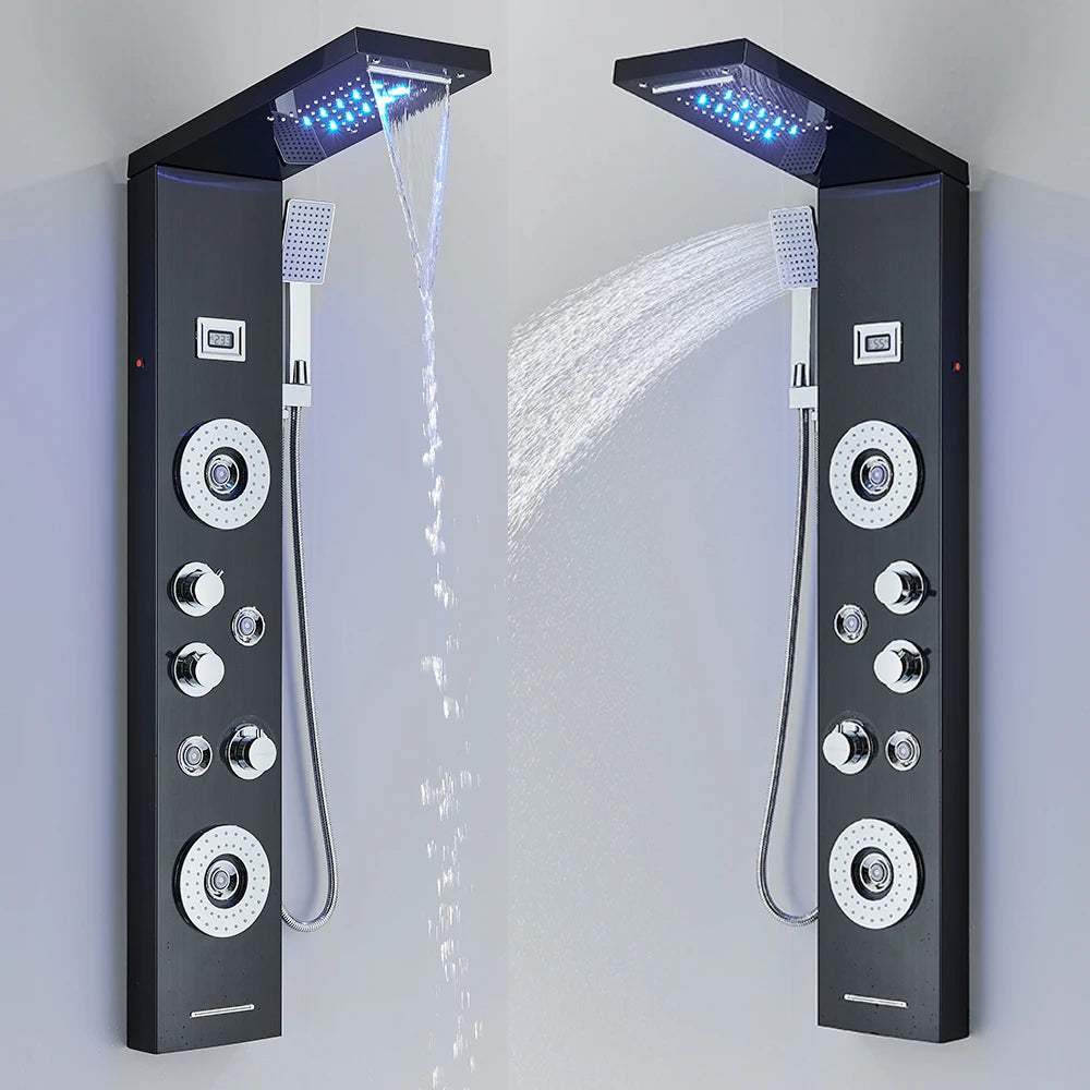 Black Led Shower Panel Waterfall Rain Shower Faucet