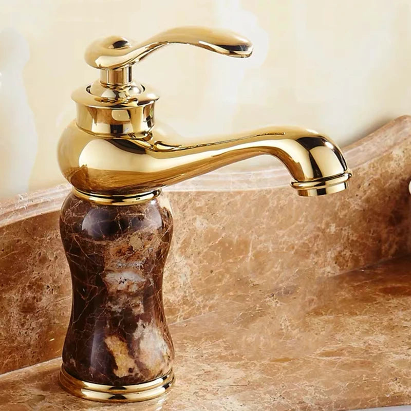 Luxury Golden Handle Bathroom Sink Faucet Jade Marble