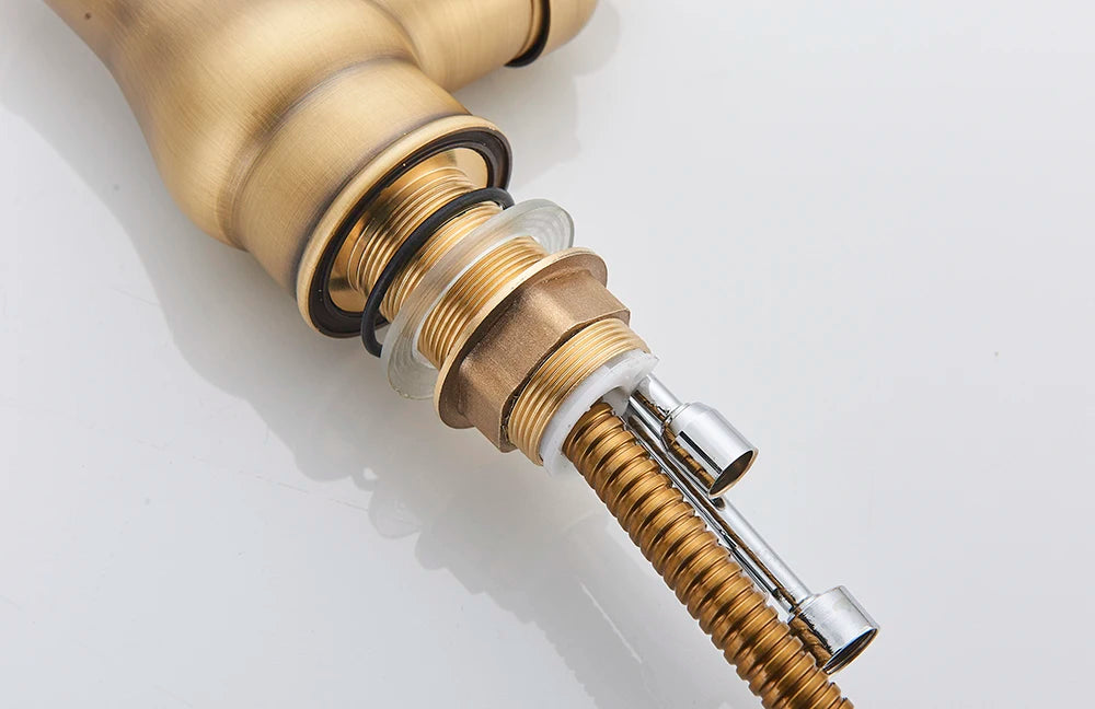 Antique Brass Sink Faucet Pull Down Swivel Spout