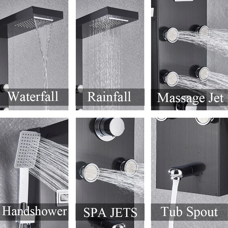 Black Bath Shower Thermostatic Mixer Shower Panel Rainfall