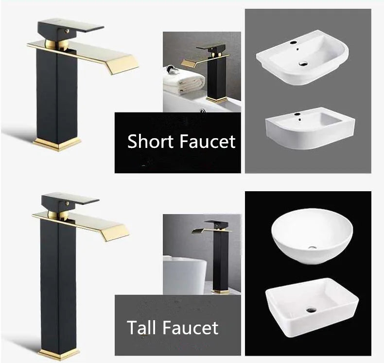 Basin Faucet Gold Black Waterfall Faucet Brass Bathroom