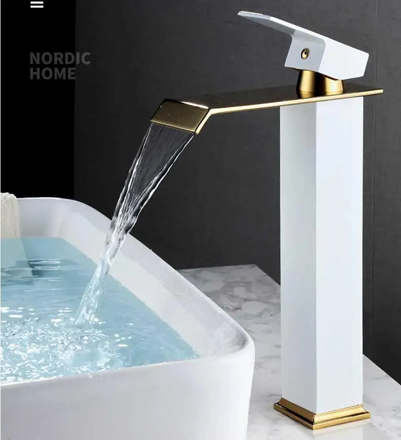 Basin Faucet Gold Black Waterfall Faucet Brass Bathroom