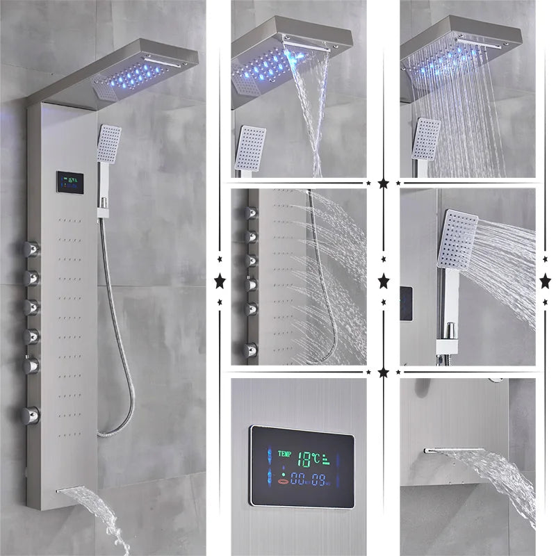 Black/Brushed Bathroom Shower Faucet Led Rainfall Head Shower