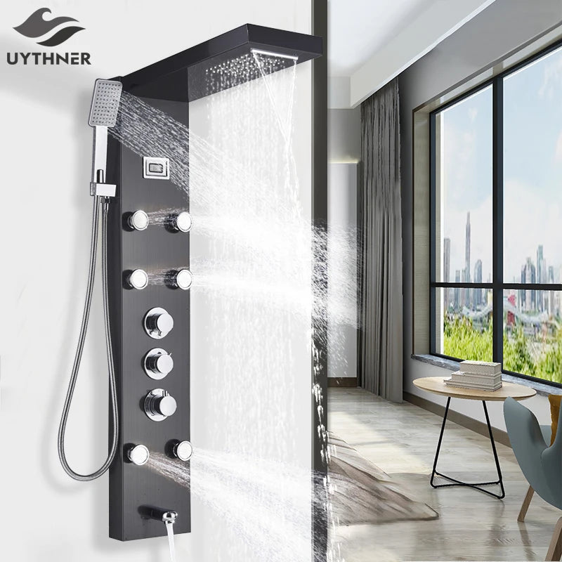 Black Bath Shower Thermostatic Mixer Shower Panel Rainfall