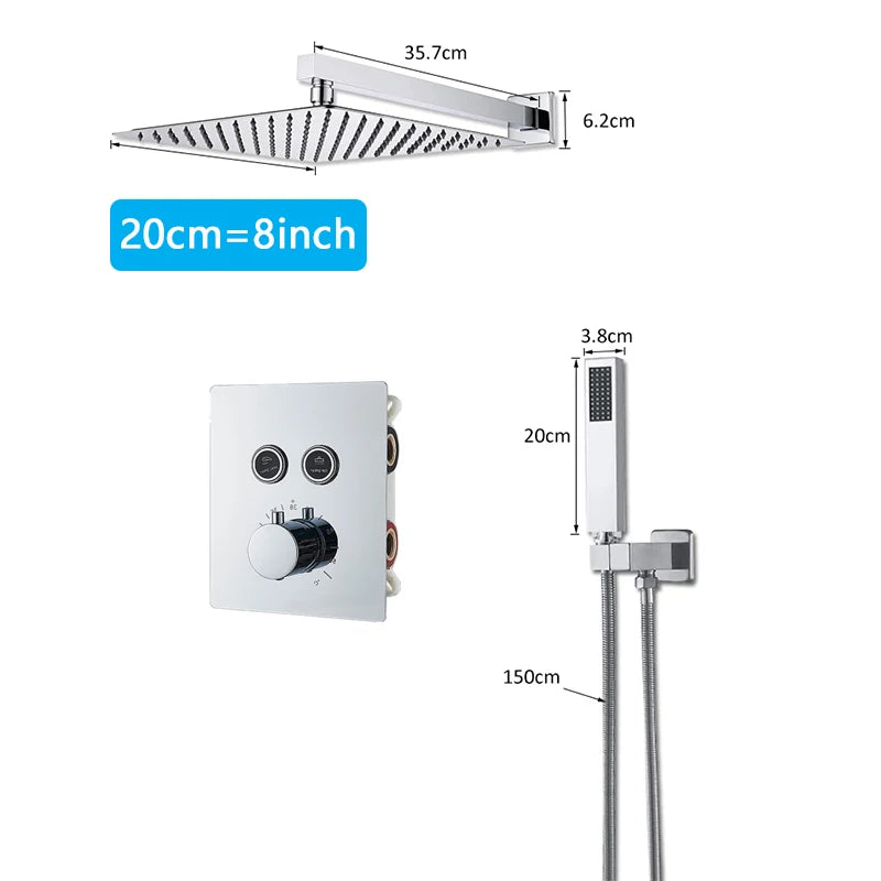 Bathroom Wall Mount Thermostatic Rainfall Shower Faucet Chrome