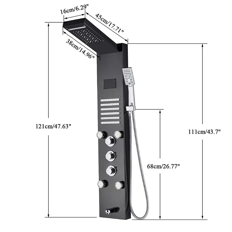Black/Brushed Stainless Steel 5-Function Waterfall Rain Shower