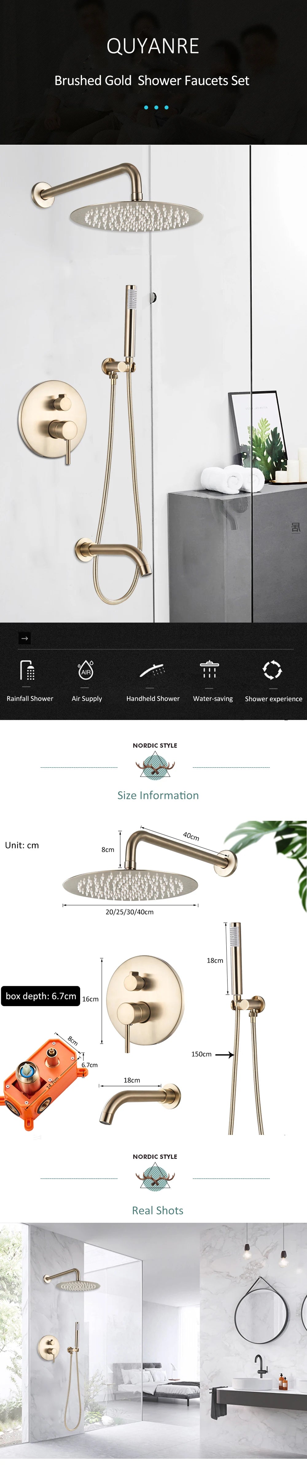 Gold Brushed Shower Faucets 2/3 Way Concealed Shower