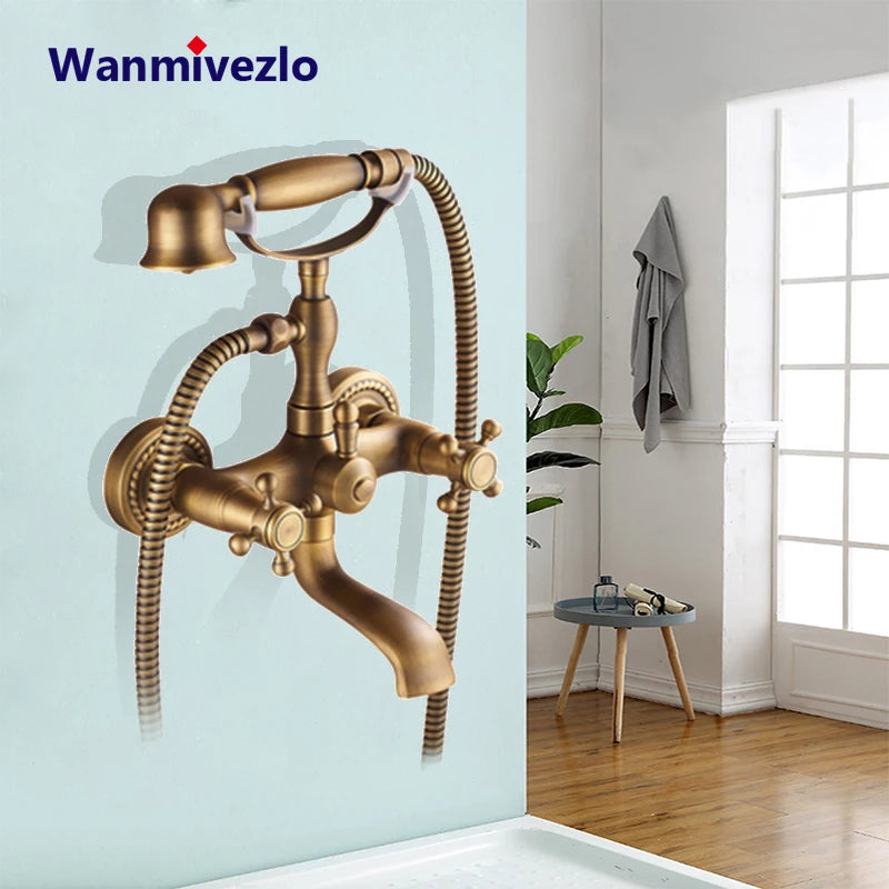 Antique Brass Bathtub Shower Faucets Dual Knobs Mixer