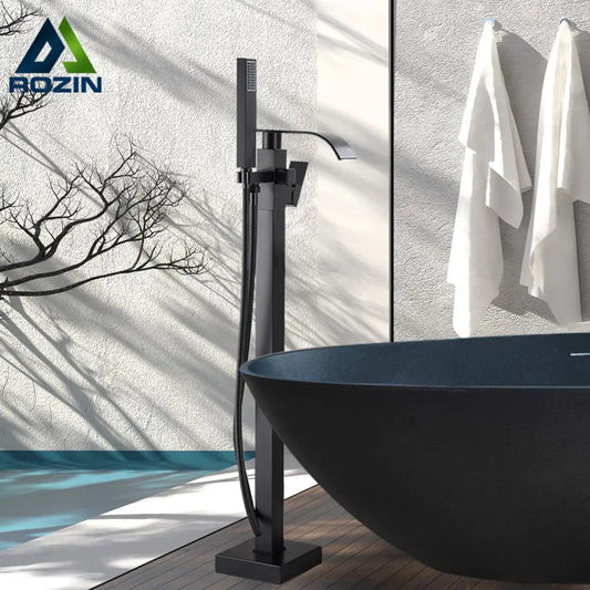 Rozin Matte Black Bathtub Shower Faucet Square Floor