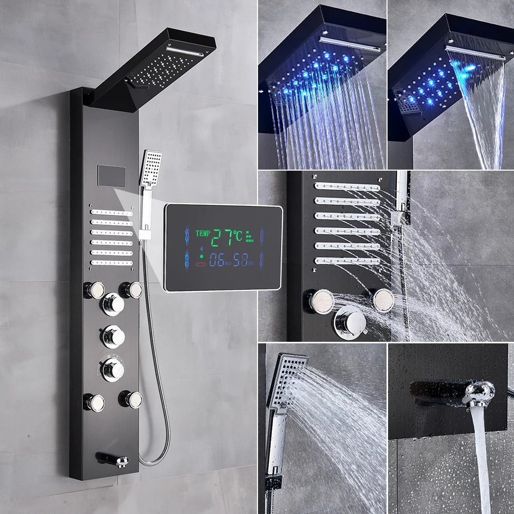 Golden Black Shower Panel Wall Rain Waterfall Shower