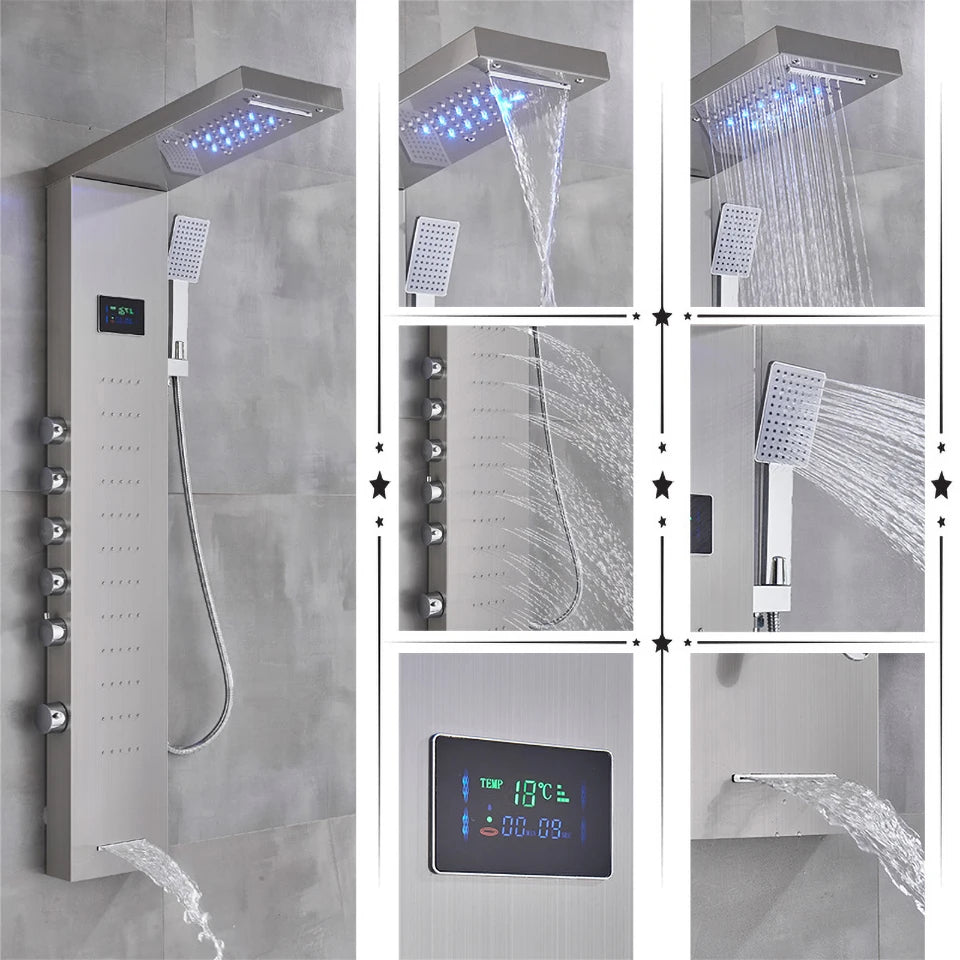 Black/Brushed Bathroom Shower Faucet Led Rainfall Head Shower