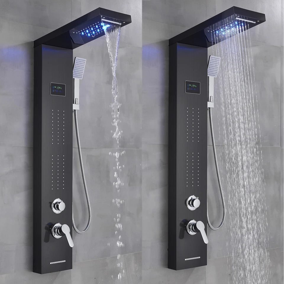 Black/Brushed Bathroom Shower Faucet Led Rainfall Head Shower