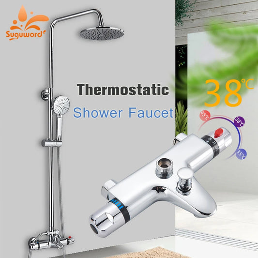 Suguword Thermostatic Chrome Bathroom Shower Faucet Rainfall Bath