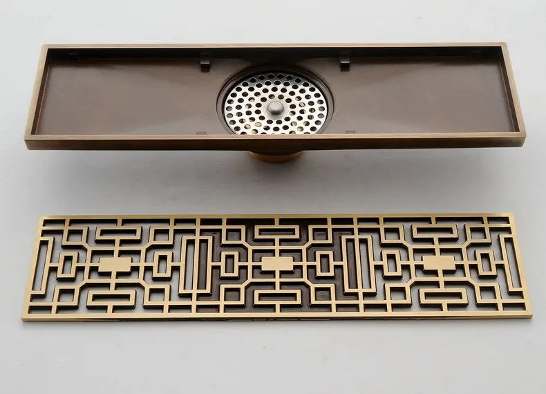 30cmx8cm Rectangle Brass Antique Brushed Carvd Drain Bathroom