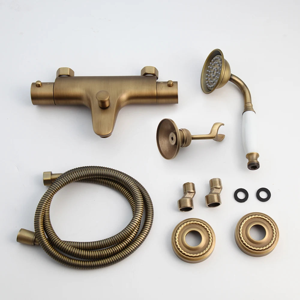 Zappo Antique Brass Bathroom Thermostatic Shower W/ Rainfall