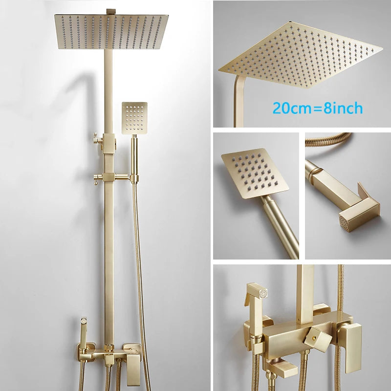 Bathroom Brushed Golden Shower Faucet Wall Mount Rainfall