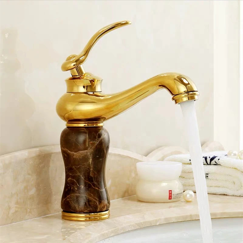 Luxury Golden Handle Bathroom Sink Faucet Jade Marble