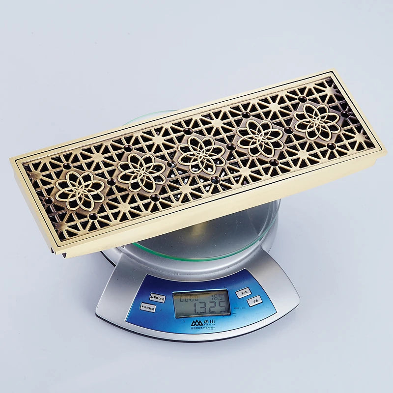 30cmx8cm Rectangle Brass Antique Brushed Carvd Drain Bathroom