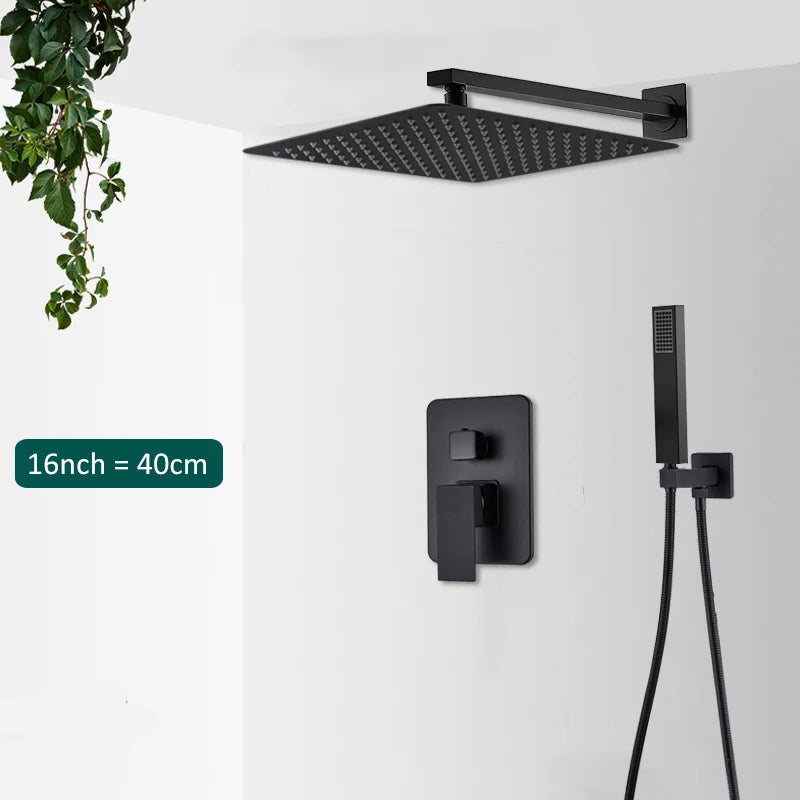 Black Concealed Shower System Rain Waterfall Bathroom Embedded