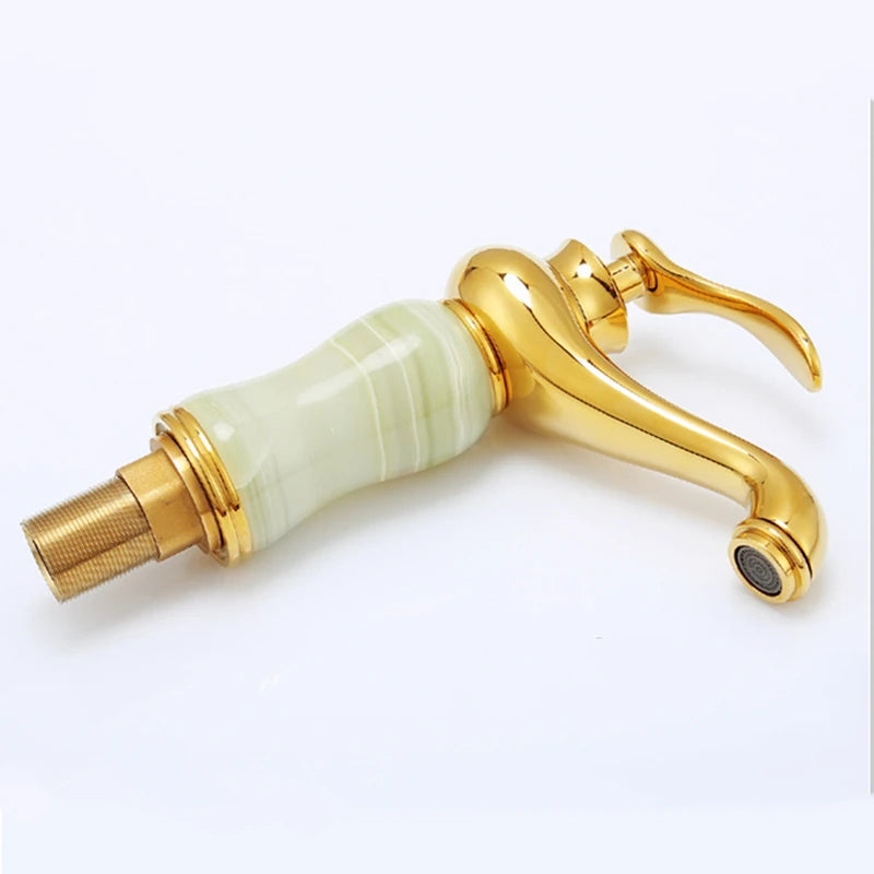 Luxury Golden Handle Bathroom Sink Faucet Jade Marble