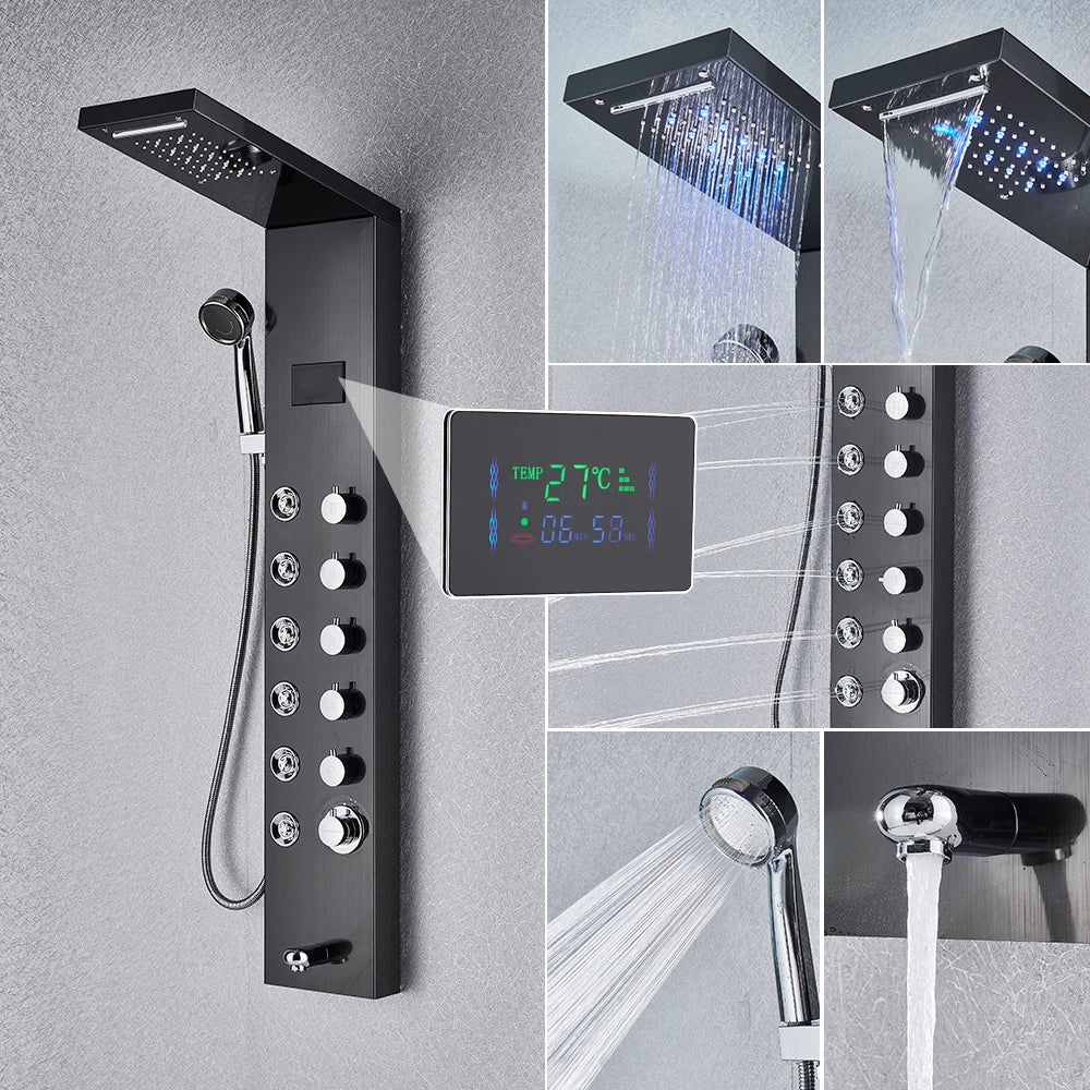 Golden Black Shower Panel Wall Rain Waterfall Shower
