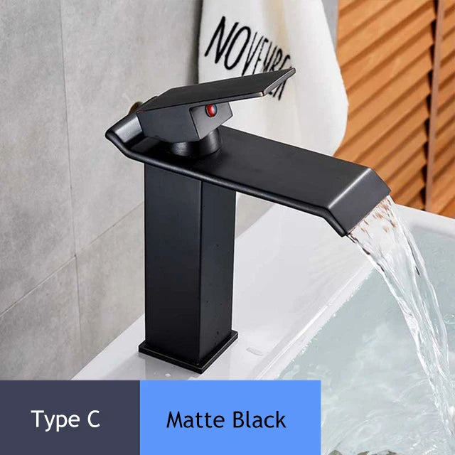 Handle Waterfall Matte Black Bathroom Basin Faucet Waterfall