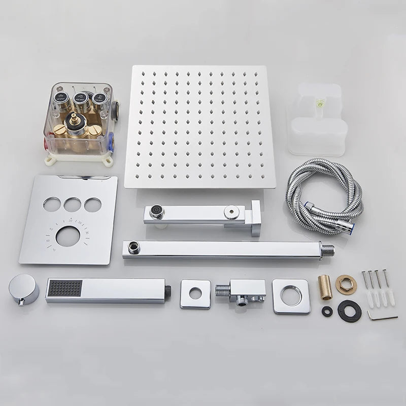 Bathroom Wall Mount Thermostatic Rainfall Shower Faucet Chrome
