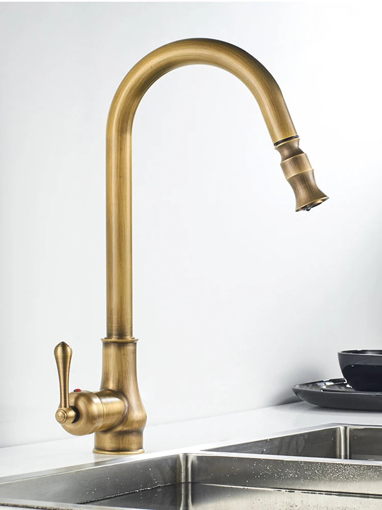 Antique Brass Sink Faucet Pull Down Swivel Spout