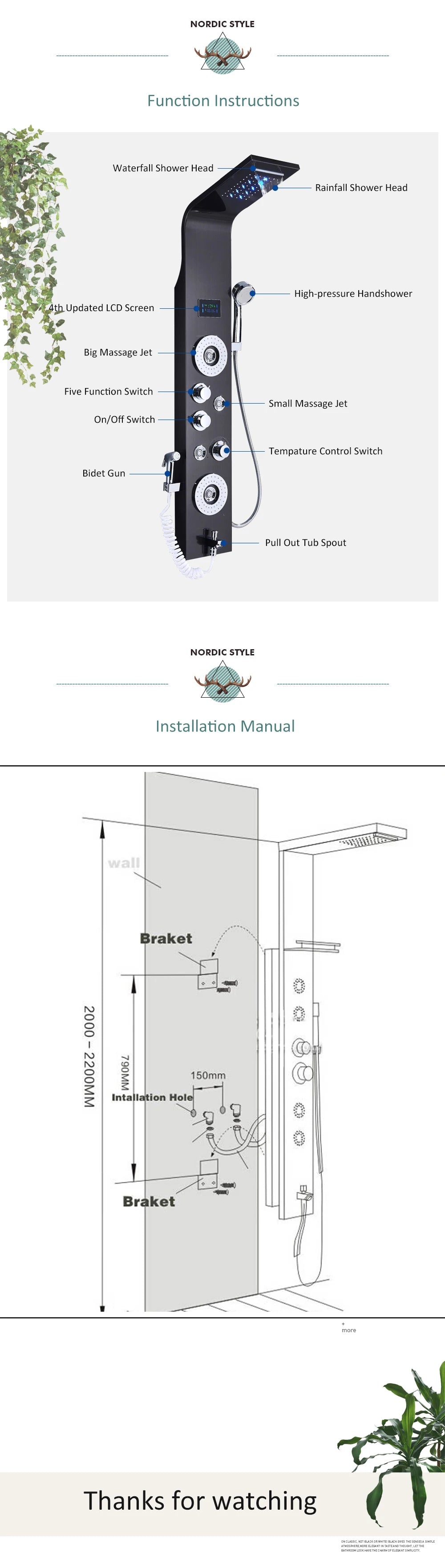 Black Nickel Led Shower Panel Six Functions Shower