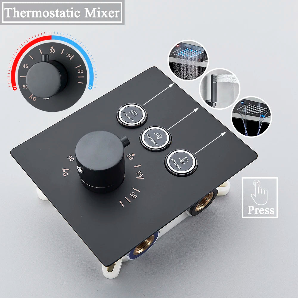Black Led Thermostatic Bathroom Shower Faucet Rain Waterfall