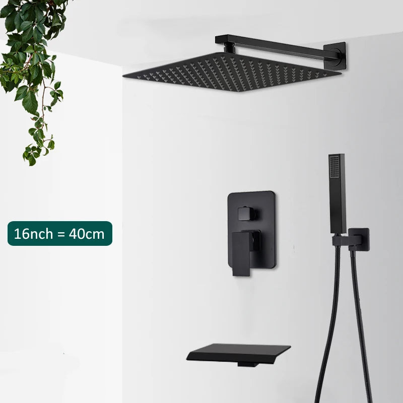 Black Concealed Shower System Rain Waterfall Bathroom Embedded